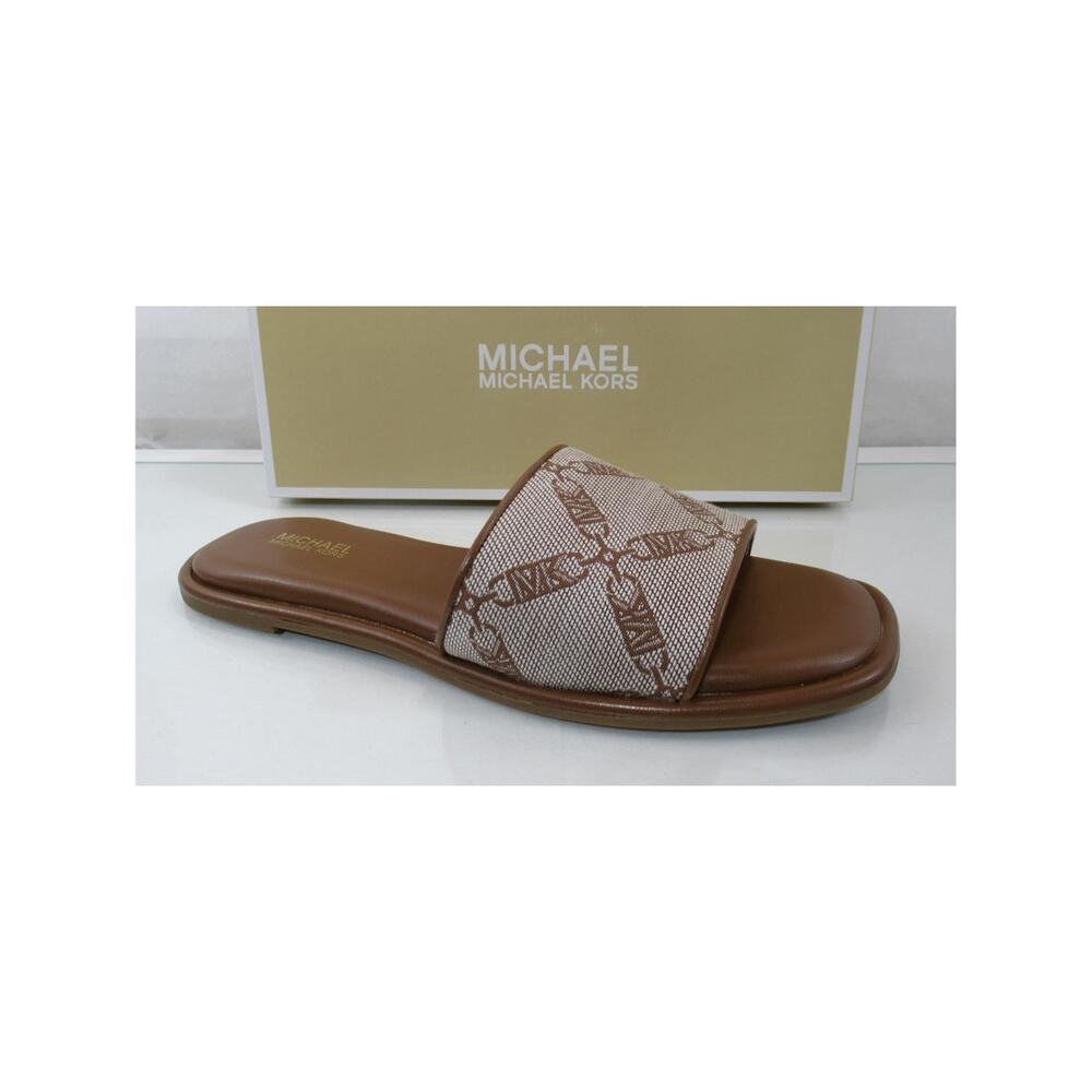 Michael Kors Hayworth Empire Logo Jacquard Slide Sandal Natural Luggage Size 7.5